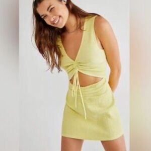 Free People Butter Bright Yellow Mini Dress Cut Out Flowy Spring size XS
